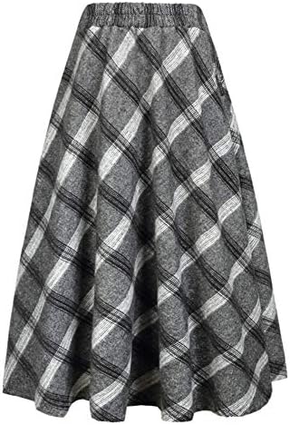 IDEALSANXUN Womens Plaid Wool Skirts Elastic Waist A-Line Pleated Tartan Long Skirts