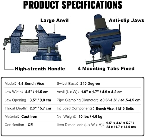 Bench Vise 4.5 Inch Jaw Width 3.3 Inch Jaw Opening Home Vise - Secure Grip with 240° Swivel Base Home Vise Rotation Base - Assembled with a Combination of Heavy Duty Cast Iron and Steel - Blue