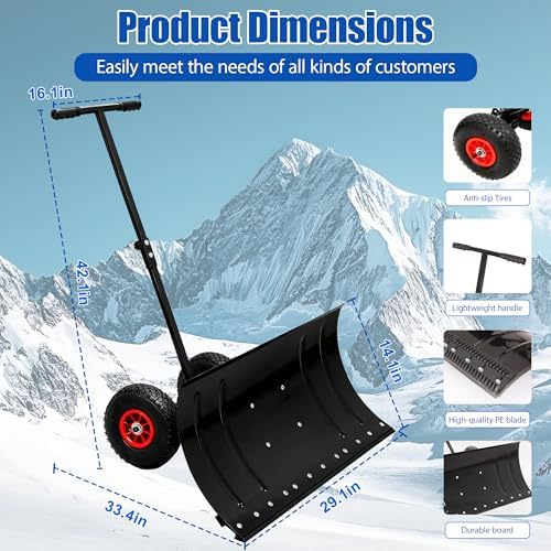 Snow Shovel with Wheels for Driveway, Heavy Duty Snow Pusher with Wheels and Angled Blade for Efficient Snow Removal, Back Saver Snow Plow with Safety Reflective Tape (Black-2)