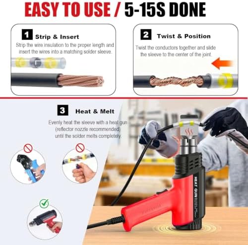 2000W Heat Gun Kit with 460PCS 10–26 AWG Solder Seal Wire Connectors & Waterproof Heat Shrink Tubing, Compact Hot Air Gun 140℉-1202℉ with 4 Nozzles for Automotive, Marine & Wiring Repair