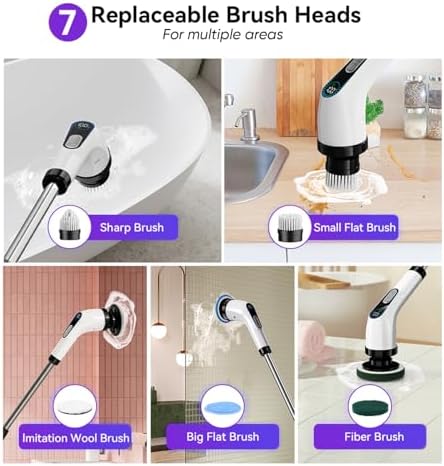 Electric Spin Scrubber Cordless – Powerful Bathroom Cleaning Brush with Long Handle, 2 Speeds, 3000mAh Rechargeable, 7 Brush Heads, Wall Hanger & Crevice Tools – Shower, Tub & Tile Cleaner