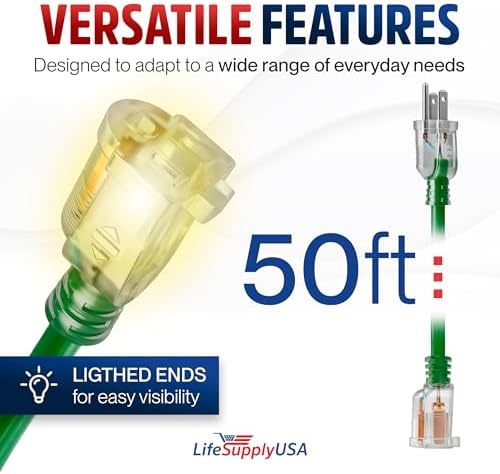 50ft Outdoor/Indoor Extension Cord 10/3 Gauge Ultra Heavy Duty 3 Prong SJTW, Waterproof, Flexible Cold-Resistant Long Power Cord,15A 125V 1875W, Green by LifeSupplyUSA