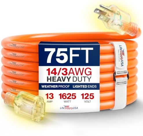75ft Outdoor/Indoor Extension Cord 14/3 Gauge Heavy Duty 3 Prong SJTW, Waterproof, Flexible Cold-Resistant Long Power Cord,13A 125V 1625W, Orange by LifeSupplyUSA
