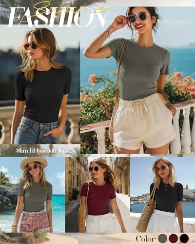Ficerd 3 Pack Women's Ribbed Short Sleeve T-Shirts