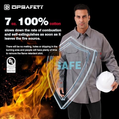 FR Shirt 7oz Fire Resistant Shirts Men's,CAT2 Welding Shirt 100% Cotton Flame Resistant Shirts Gray (Large)
