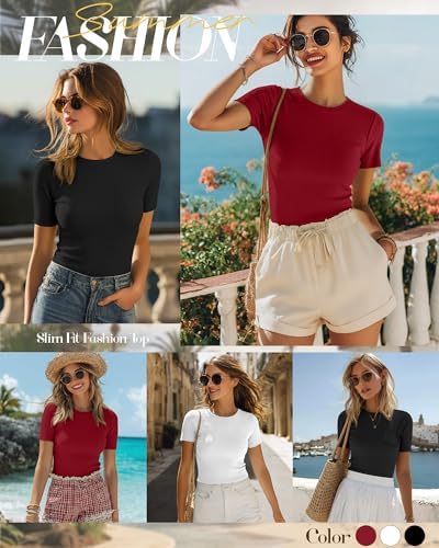 Ficerd 3 Pack Women's Ribbed Short Sleeve T-Shirts