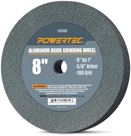 POWERTEC Bench Grinder Wheel, 8 Inch Grinding Wheel 100 Grit, Aluminum Oxide, 8 Bench Grinder Wheels for Pedestal & Benches, 1" Thick 5/8" Arbor, Sharpening Shaping Drill Bits, Knife, Stone - 15522V