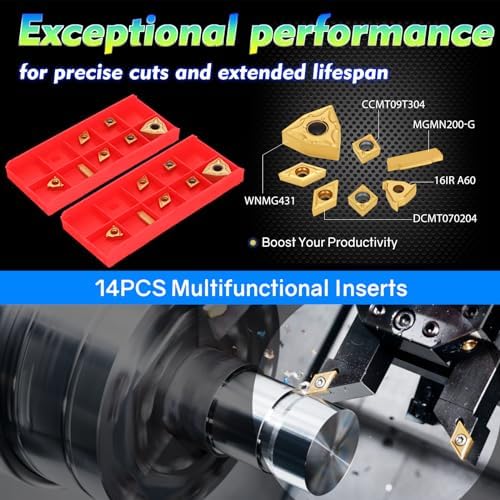 Indexable Lathe Turning Tool 21Pcs Kit 1/2'' 12mm Shank 7Pcs Carbide Turning Tool Holders with 14Pcs Tin Coated Turning Inserts Metal Lathe Tool Holder Set for Turning Grooving Threading Boring