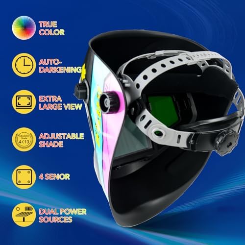 TRQWH Welding Helmet Auto Darkening Large Viewing True Color Solar Powered Welding Mask with 4 Arc Sensor Adjustable Wide Shade Range 4~5-8/9-13 Welder Mask with Grinding (TRQ-CSC002)