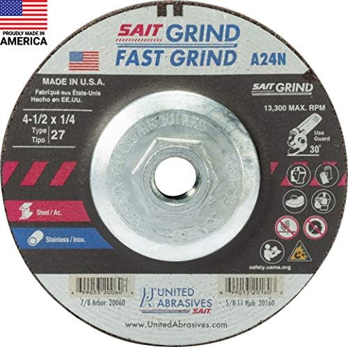 United Abrasives-SAIT 20160 A24N Fast Grinding Wheel 4 1/2" x 1/4" x 5/8-11" Type 27 with Super-Lock™ Hub, 10 Pack