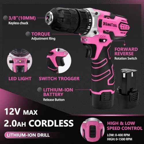 KingTool 276-Piece Tool Set Kit with 12V Cordless Power Drill (Pink)