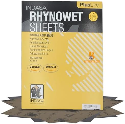 Indasa 50 PCS 9x11” Wet & Dry Sandpaper Sheets, 600 GRIT, Clog-Resistant Abrasive for Wood, Metal, Auto, Paint & Clear Coat Finishing, Sand Paper Silicon Carbide, Plusline