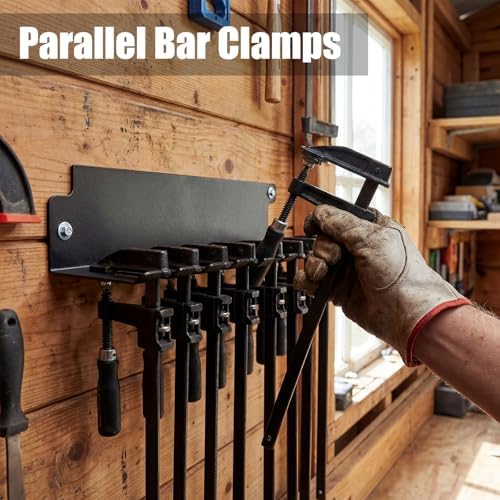 LEIFIDE 6 Pack Parallel Clamp Rack Black Help to Store Heavy Duty Clamps 16'' Long Stainless Steel Clamp Holder Pre-Drilled 16 inch on Center for Mounting to Wall Stud Workshop Organizer and Storage