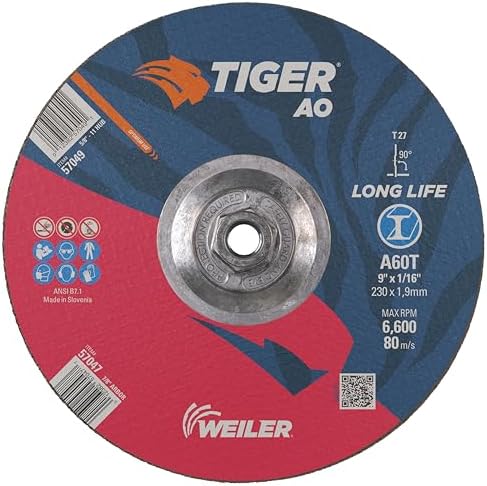 Weiler 57049 9 Inch Cutting Wheel, Tiger AO Steel/Metal Long Life Performance Cutting, 1/16" A60T Type 27 5/8"-11 Hub, Pack of 10
