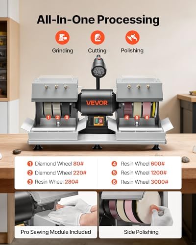 VEVOR Cabbing Machine, 6" 2/5 HP 1800 RPM Efficient, Lapidary Rock Grinder Polisher with Diamond and Resin Wheels, LED Lamp, Water System, Lapidary Equipment for Gemstone Grinding, Stone Polishing | For Gemstone Grinding, Stone Polishing, Efficient wit...
