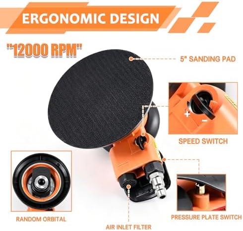5-inch Pneumatic Random Orbital Sander Set, Dual-Action (DA) Pneumatic Handheld Sander, Low-Noise, Low-Vibration, Suitable for Auto Body Repair, Car Detailing, Woodworking, and Metalworking