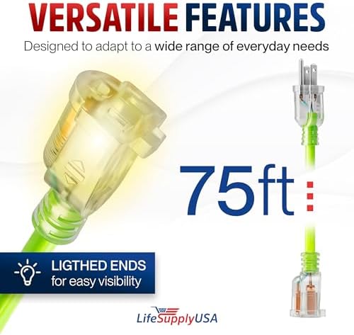 75ft Outdoor/Indoor Extension Cord 12/3 Gauge Extra Heavy Duty 3 Prong SJTW, Waterproof, Flexible Cold-Resistant Long Power Cord, 15A 125V 1875W, Neon Green by LifeSupplyUSA