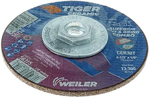 Weiler 58316 4-1/2 x 1/8 Tiger Ceramic Type 27 Cut Off/Grind Combo Wheel CER30T 5/8-11 Nut (Pack of 10)