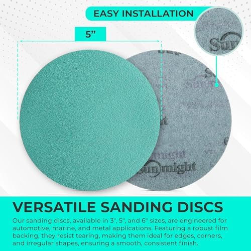 Sunmight Film Grip No Hole 5 Inch Sanding Discs - 220 Grit, Premium Aluminum Oxide - Strong Film Backing for Automotive, Marine, Wood & Metal Applications - Excellent Cutting and Long Life (50 Pcs)