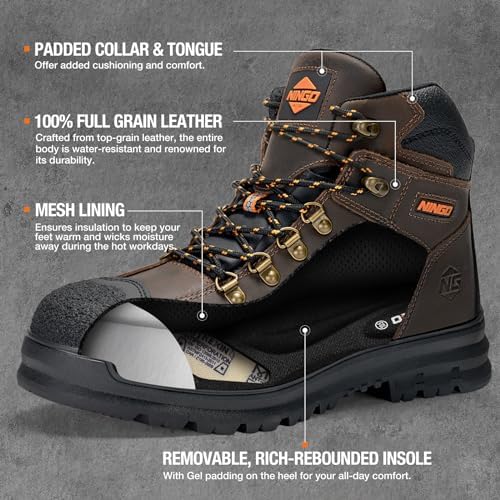 NINGO Steel Toe Work Boots for Men, Oil & Slip Resistant Construction Boots