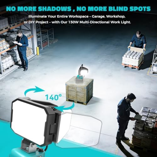 LED Work Light Compatible with MaKita 18V Battery, 150W 15000LM Flood Light, 6500K Daylight 3-Head Adjustable, USB Type-C&2 Brightness Modes Portable Flashlight Job Site Light (Tool Only)