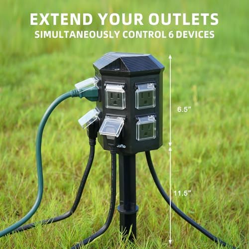 Outdoor Power Strip Weatherproof, 100 FT Extension Cord with Power Stake, 6 Grounded Outlets for Outdoor Lights, 15A/1875W, ETL Listed