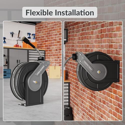 Giraffe Tools Pressure Washer Hose Reel 60ft, Power Washer Hose Reel, Pressure Washer Retractable Hose Reel, Heavy Duty, Wall/Floor Mounted, 4000 PSI, Dark Silver
