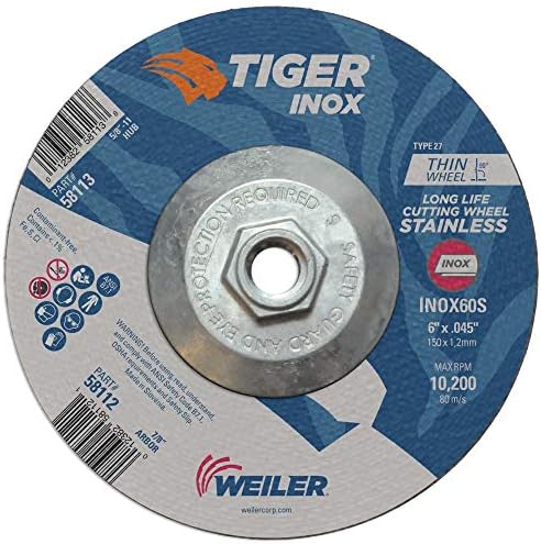 Weiler 58113 6 Inch Cutting Wheel, Tiger INOX Stainless Steel Contaminant-Free High Performance Cutting, .045" INOX60S Type 27 5/8"-11 Hub, Pack of 10