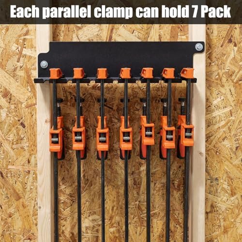 LEIFIDE 6 Pack Parallel Clamp Rack Black Help to Store Heavy Duty Clamps 16'' Long Stainless Steel Clamp Holder Pre-Drilled 16 inch on Center for Mounting to Wall Stud Workshop Organizer and Storage