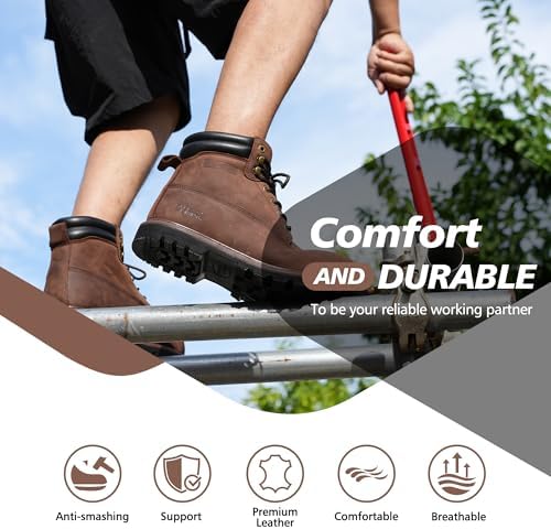 Steel Toe Work Boots for Men, 6-Inch Non Slip Comfortable Leather Waterproof Industrial Construction Safety Workboots