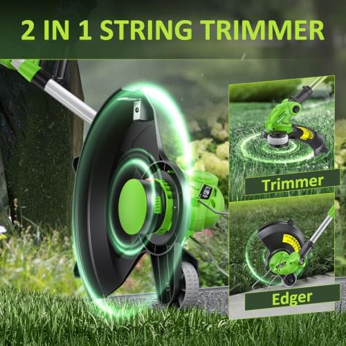 20V Electric Weed Wacker Edger Lawn Tool, Battery Powered Weed Eater 12-Inch Cordless String Trimmer Grass Trimmer Lightweight Yard Tools for Garden, Lawn Mower Cutter 2.0Ah Battery and Charger Green