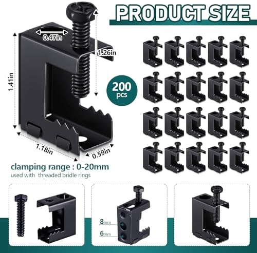 Tandefio 200 Pcs 1/4"-20 Spring Steel Beam Clamps Metal Beam Hanger, Black