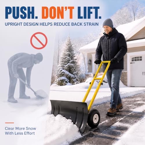 GarveeLife Wheeled Snow Shovel - 29in Steel Blade with 10in Wheels Yellow