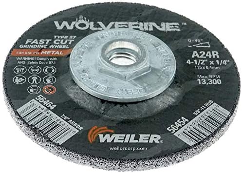 Weiler 56454 4-1/2" x 1/4" Wolverine Type 27 Grinding Wheel, A24R, 5/8"-11 UNC Nut (Pack of 10)