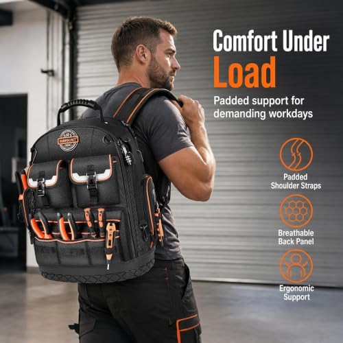 LOKASS Tool Backpack Heavy Duty, 2 Tool Pouches, 56 Pockets, Molded Bottom