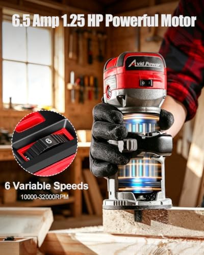 AVID POWER 6.5 Amp 1.25 HP Compact Router Tools for Woodworking, Fixed Base Wood Router with Trim Router Bits, 6 Variable Speeds, Edge Guide, Roller Guide, Dust Hood (Red, 65mm)