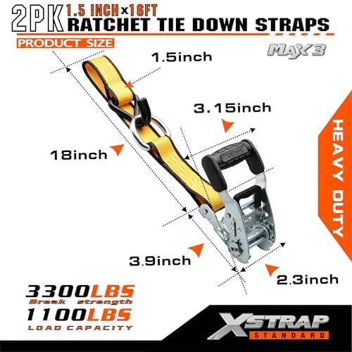 XSTRAP STANDARD 2 Pack 1.5" x 16Ft Ratchet Tie Down Straps w/Double J Hook | 3,300 lb Break Strength, Heavy Duty Tie Down Straps for ATV, UTV, Truck, Motorcycle & Cargo Hauling, , Kayak, Trailer, Yellow