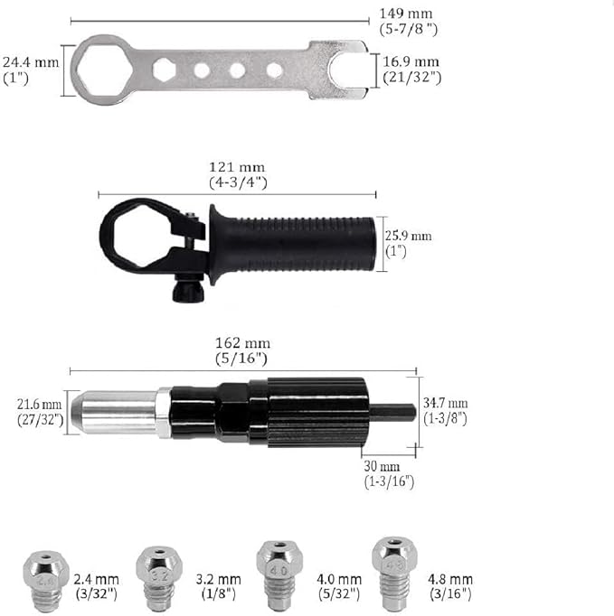 Pop Rivet Gun Tool, Professional Cordless Riveter Adapter Kit Riveter Nut Tool Drill Attachment for Cordless Electric Power Drill (4 Threaded Head Sizes: 2.4/3.2/4.0/4.8mm)