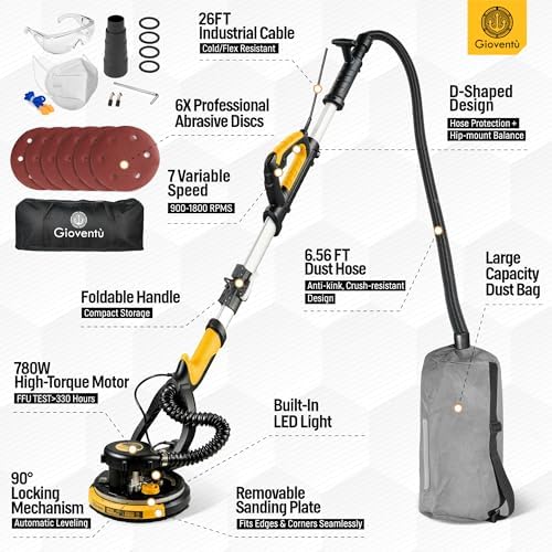 Electric Drywall sander with Vacuum, NSK Bearing& 26' Cord for Ceiling&Wall