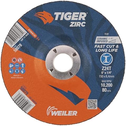Weiler 58079 6" x 1/4" Tiger Zirc Type 27 Grinding Wheel, Z24T, 7/8" A.H (Pack of 10)