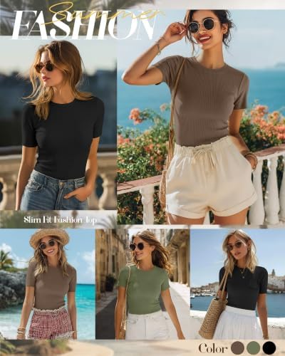 Ficerd 3 Pack Women's Ribbed Short Sleeve T-Shirts