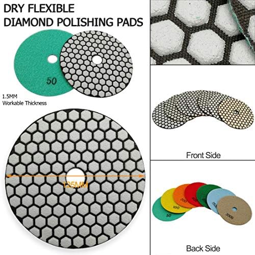 SHDIATOOL 5 Inch Dry Diamond Polishing Pads Set of 7 Pieces Plus an Aluminum Backer for Granite Marble Quartz