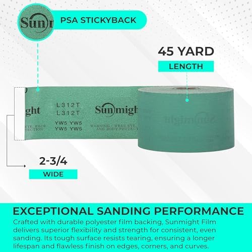 Sunmight Film 80 Grit Sandpaper Roll 2-3/4" x 45 Yards – PSA Longboard Sandpaper – Adhesive Backed for Auto Body, Wood, Metal, Marine & Aerospace – Durable Polyester Backing for Smooth, Even Sanding
