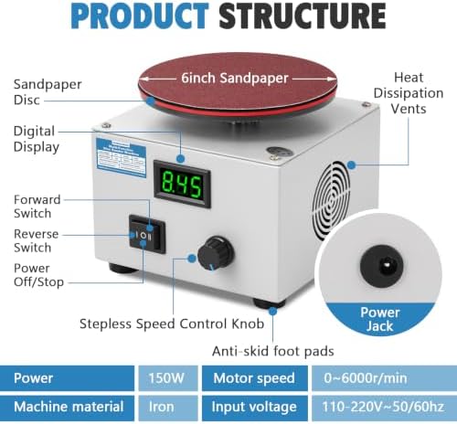 MXBAOHENG Mini Bench Disc Sander 6" Sanding Disc Machine w/ 40 Sandpapers