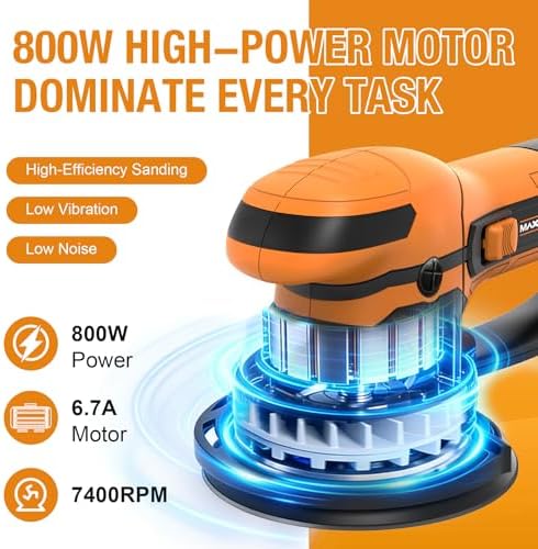 MAXXT 800W Random Orbital Sander, 5mm Eccentric, 3300-7400RPM Variable Speed, 150mm Pad, Dual Mode Polishing, Dust Collection, 5 Sandpapers, Electric Dry Polisher for Wood, Metal, Car