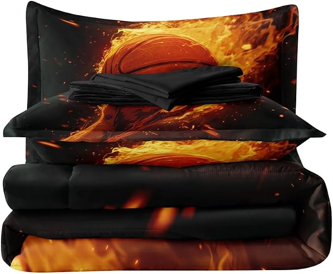 5 Pieces Basketball Comforter Full,Basketball with Fire Theme Sports Comforter Set Twin,Boys Bed Set with Sheets,Basketball Bedding Sets Full