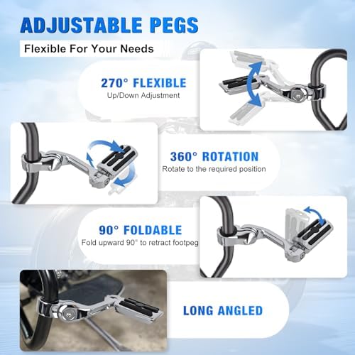 Nilight 1.25" Motorcycle Highway Pegs For Harley Davidson Touring Road King Street Glide Sportster, Adjustable Long Angled Foot Pegs Clamp Universal For 1-1/4" Engine Guard Crash Bars Highway Footpegs