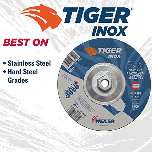 Weiler 58116 7" x 1/8" Tiger INOX Type 27 Cut and Grind Combo Wheel, INOX30T, 5/8"-11" UNC Nut (Pack of 10)