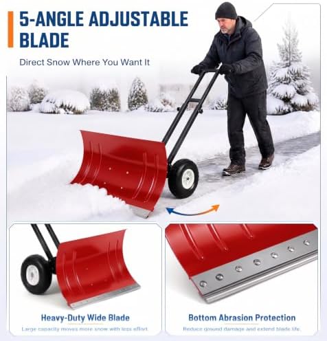 GarveeLife Wheeled Snow Shovel - 29in Steel Blade, 10in Wheels Red/Black