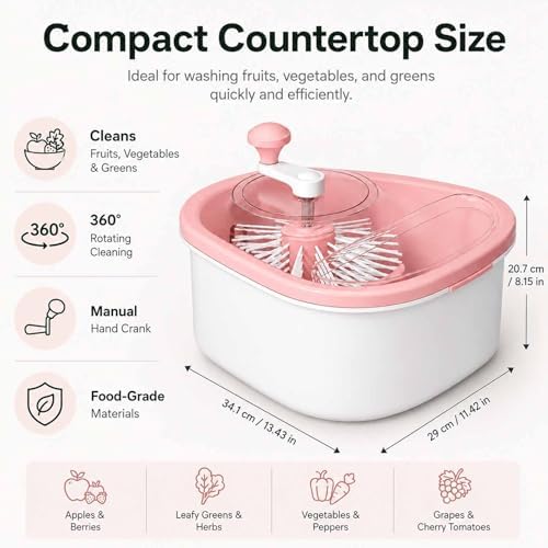 Manual Fruit Vegetable Cleaner Spinner, Large Washing Bowl with Brush & Drain Basket, Portable Hand Crank Cleaning Gadget for Berry Greens Herb Household Kitchen Food Washing Tool